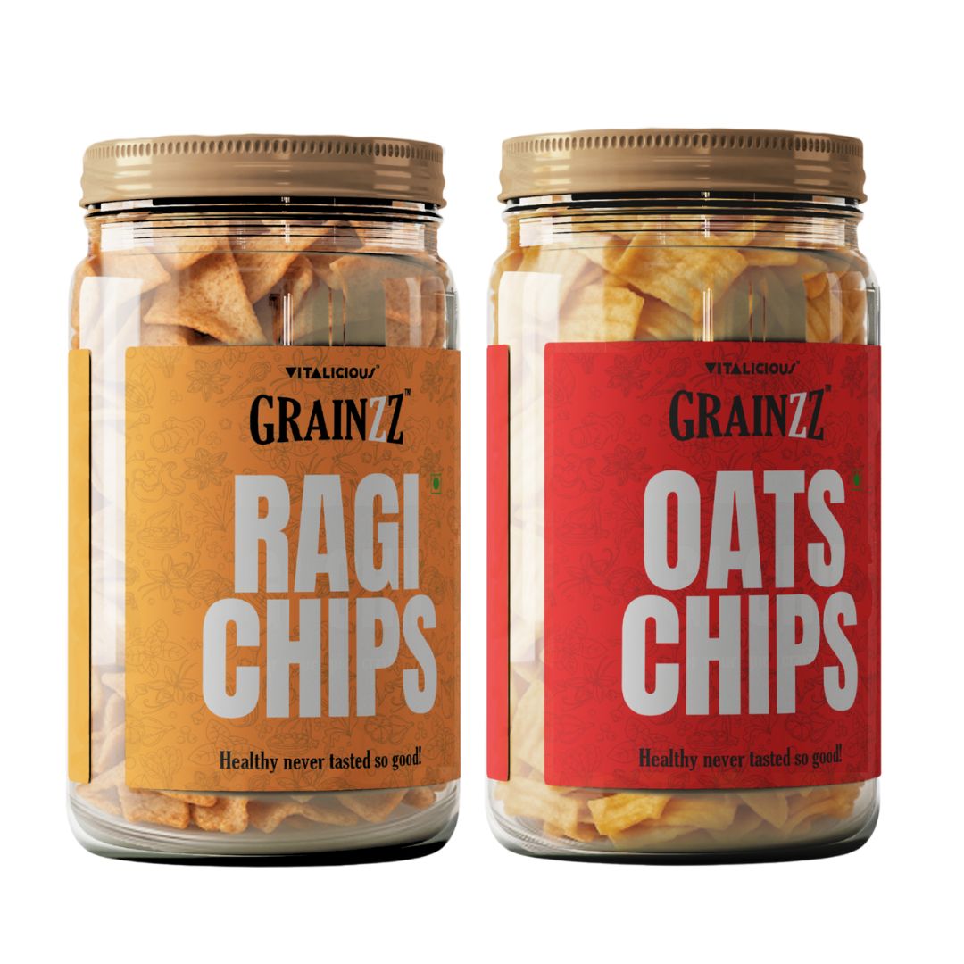 Grainzz Healthy Snack Combo – Oats Chips Peri Peri + Ragi Chips Masala Masti (2 Jars) | High Fibre | Gluten-Free Snacking | No Fried Guilt | 300g